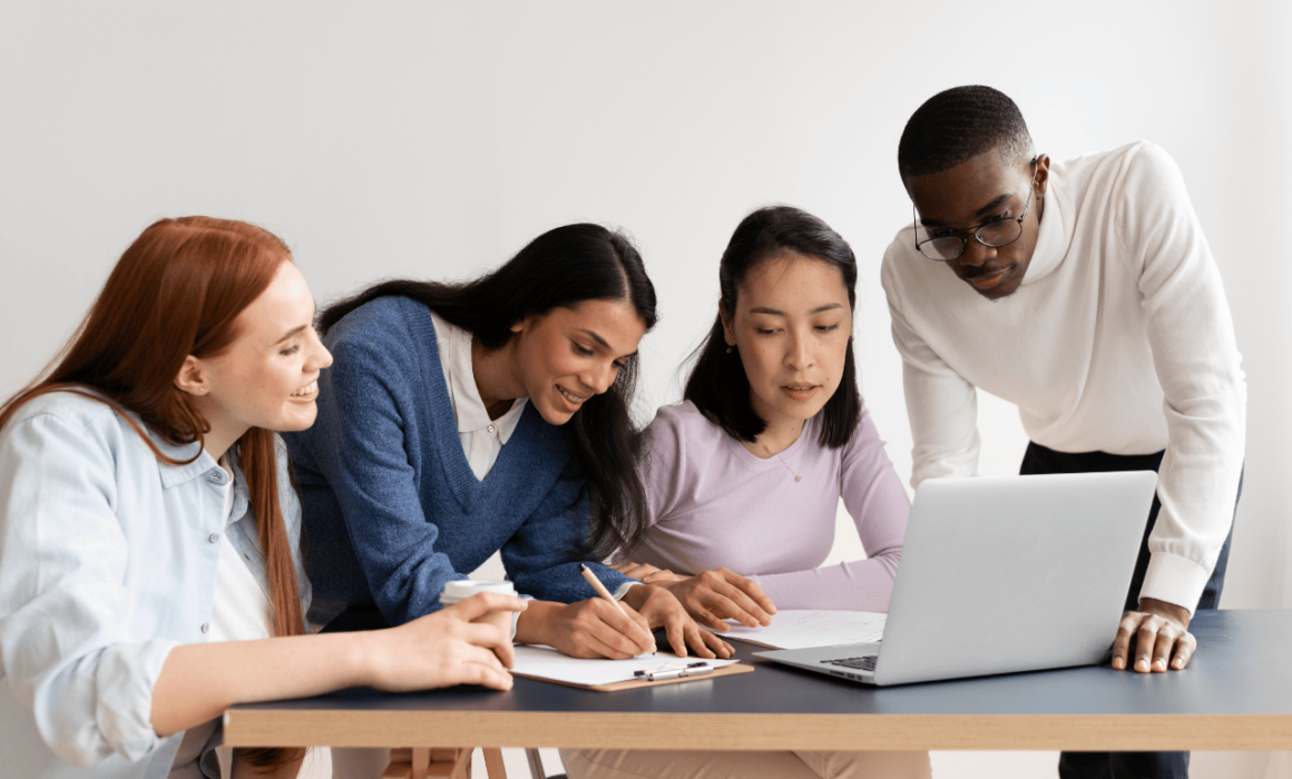 Remote employees engaging in virtual learning and development through online training and collaboration tools.
