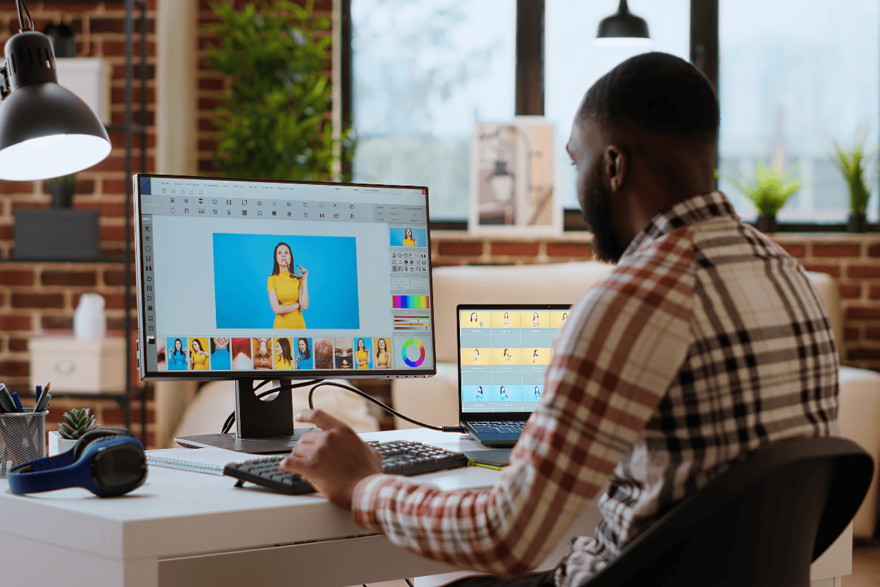 Offshore graphic designer creating brand visuals for a small business