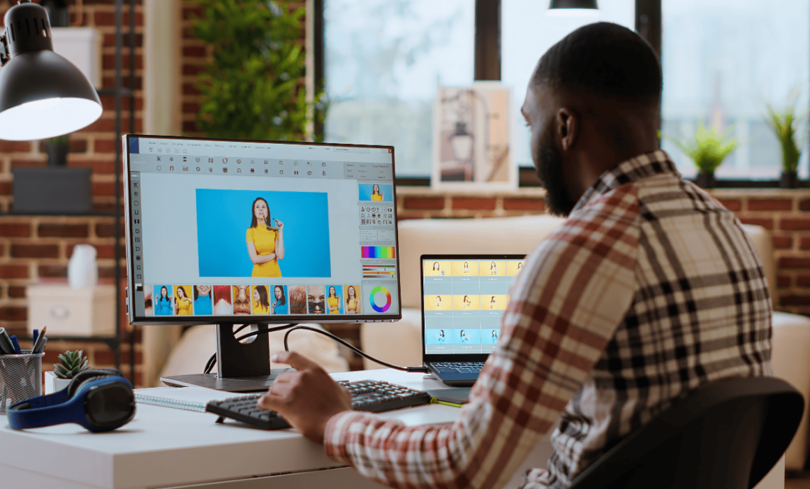 Offshore graphic designer creating brand visuals for a small business